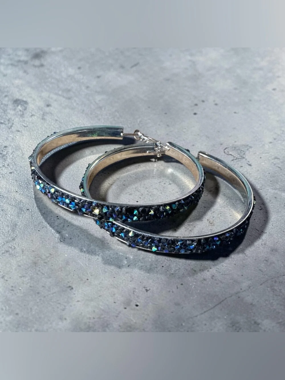 Crystal Pavé Hoop Earrings in Black and iridescent Blue